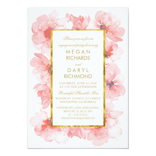 Watercolor Floral Blush And Gold Engagement Party Invitation
