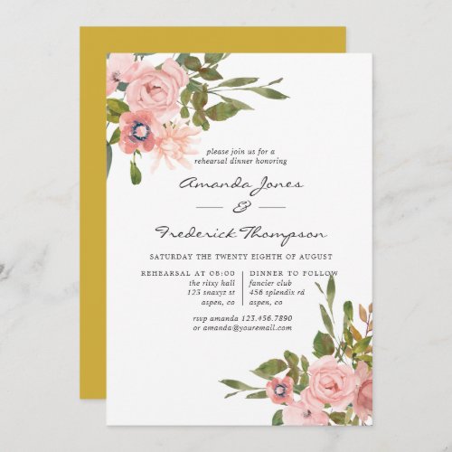 Watercolor floral Blush and Gold Rehearsal Dinner Invitation