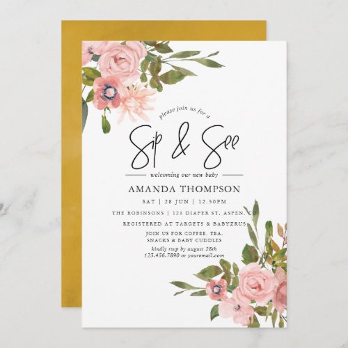 Watercolor floral Blush and Gold Sip and See Invitation