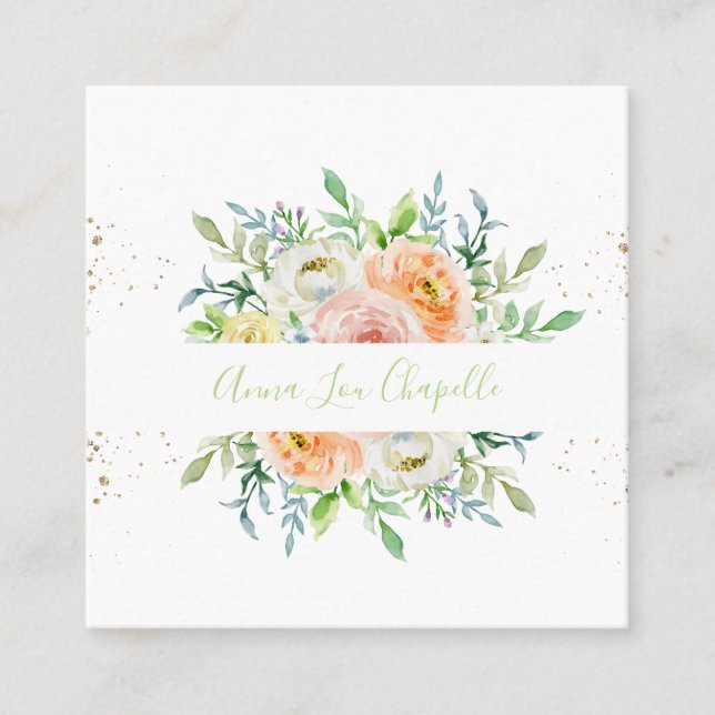 Watercolor floral blush and green square business card (Front)