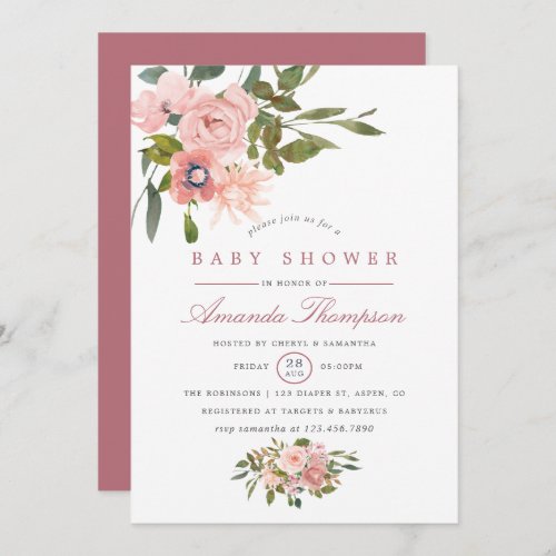 Watercolor floral Blush and Rose Gold Baby Shower Invitation