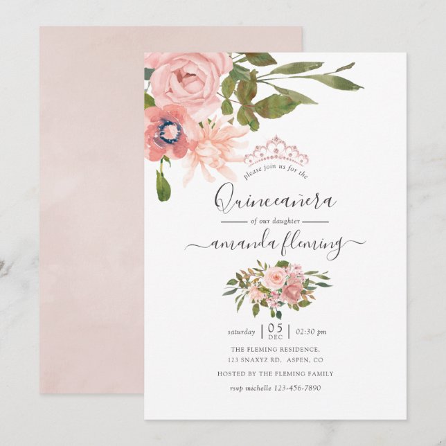 Watercolor floral Blush and Rose Gold Quinceañera Invitation (Front/Back)