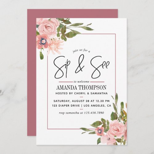 Watercolor floral Blush and Rose Gold Sip and See Invitation