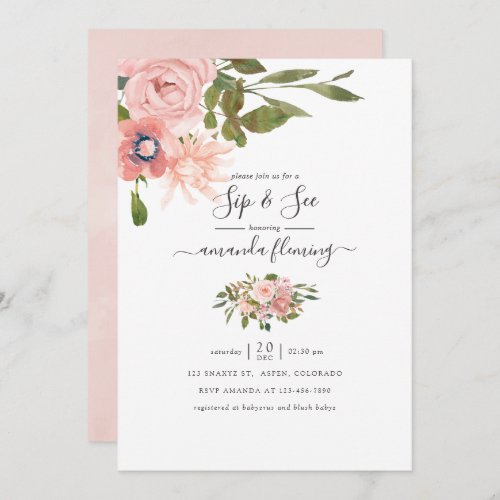 Watercolor floral Blush and Rose Gold Sip and See Invitation