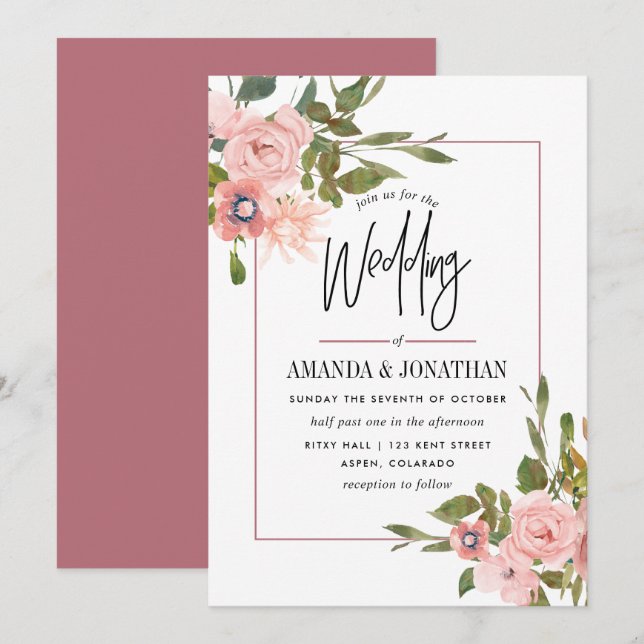 Watercolor floral Blush and Rose Gold Wedding Invitation (Front/Back)