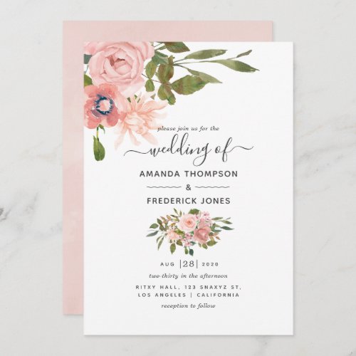 Watercolor floral Blush and Rose Gold Wedding Invitation