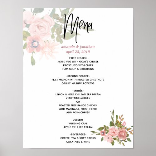 Watercolor floral Blush and Rose Gold Wedding Menu Poster