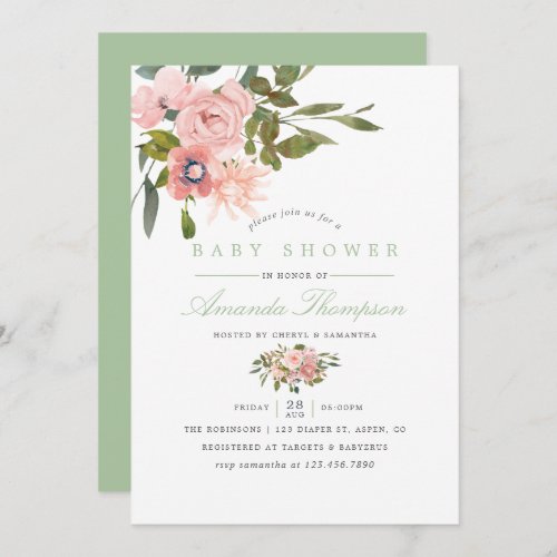 Watercolor floral Blush and Sage Baby Shower Invitation