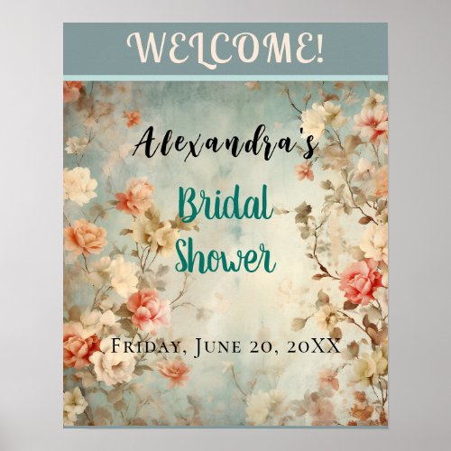 Watercolor Floral Blush  Blue Bridal Shower Sign
