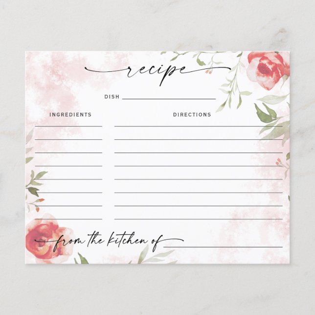 Watercolor Floral Blush Bridal Shower Recipe Card (Front)