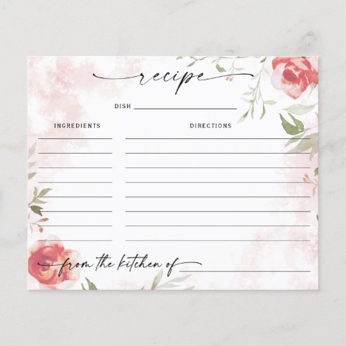 Watercolor Floral Blush Bridal Shower Recipe Card