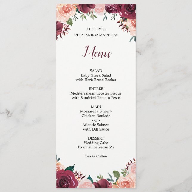 Watercolor Floral Blush Burgundy Roses Wedding Menu (Front)