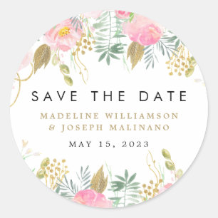 Watercolor Floral Blush & Gold Save the Date Classic Round Sticker