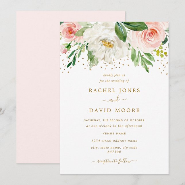 Watercolor Floral Blush Gold Wedding Invitation (Front/Back)