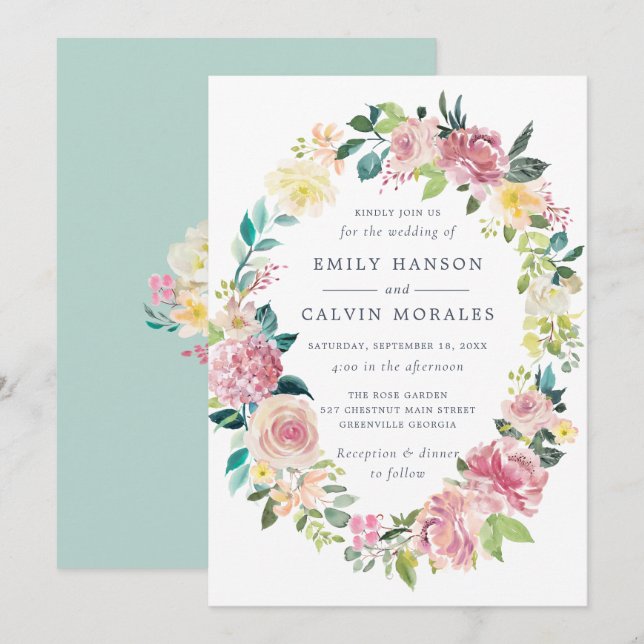 Watercolor Floral Blush Greenery Wreath Invitation (Front/Back)