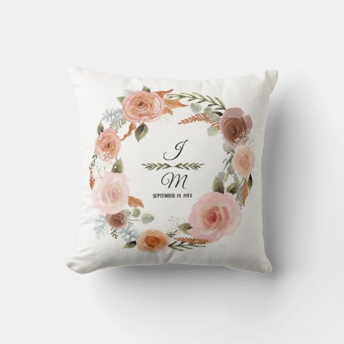 Watercolor Floral Blush Peach Fern Leaf Wedding Throw Pillow