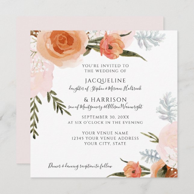 Watercolor Floral Blush Peach Gray Foliage Wedding Invitation (Front/Back)