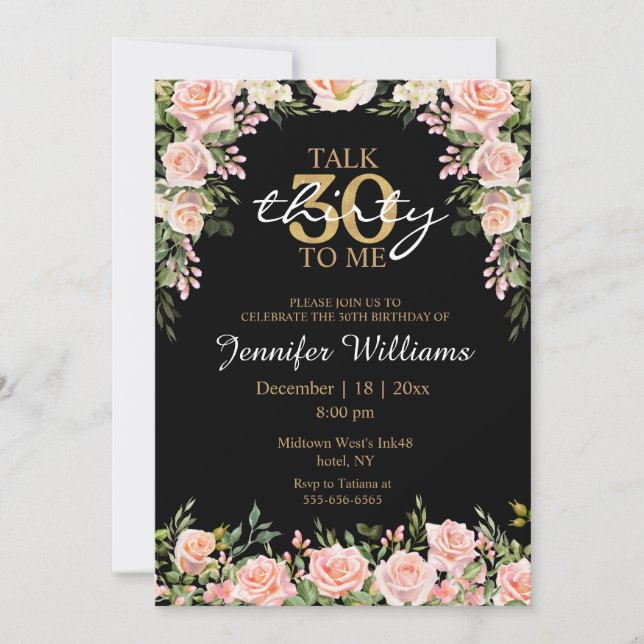 watercolor floral blush pink 30th birthday black invitation (Front)