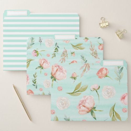 Watercolor Floral Blush Pink and Mint Stripes File Folder