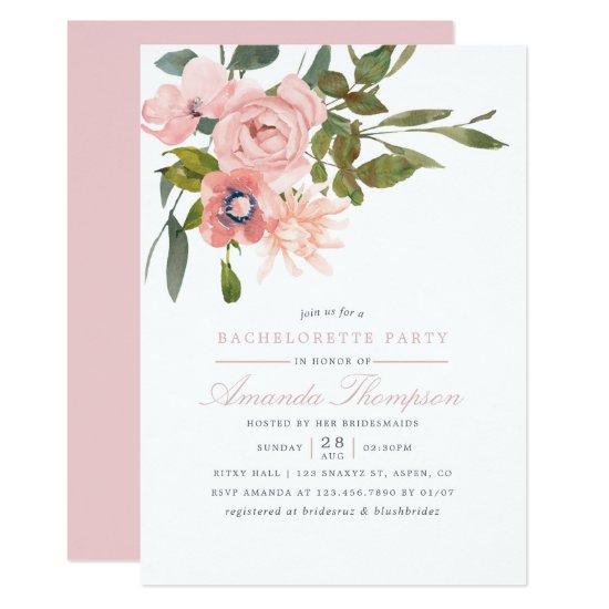Watercolor floral Blush Pink Bachelorette Party Invitation