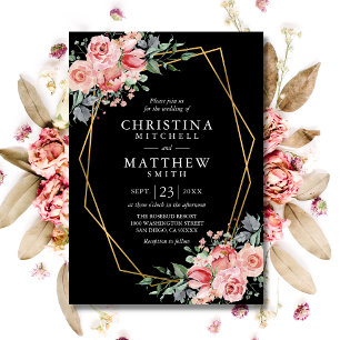 Watercolor Floral Blush Pink Black Wedding Invitation