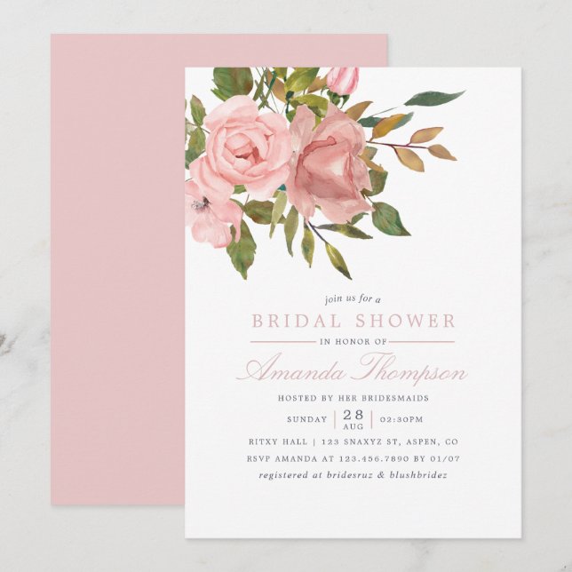 Watercolor floral Blush Pink Bridal Shower Invite (Front/Back)