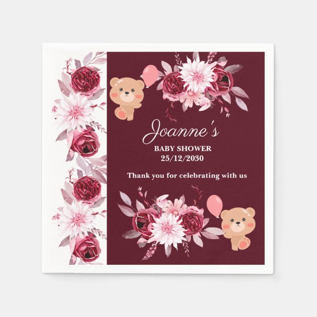 Watercolor Floral Blush Pink Burgundy Baby Shower Napkins (Front)