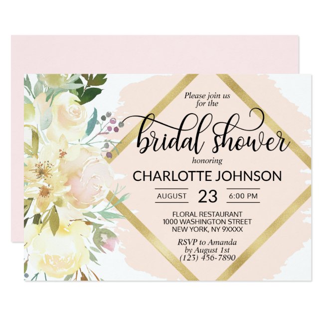 Watercolor Floral Blush Pink Gold Bridal Shower Invitation