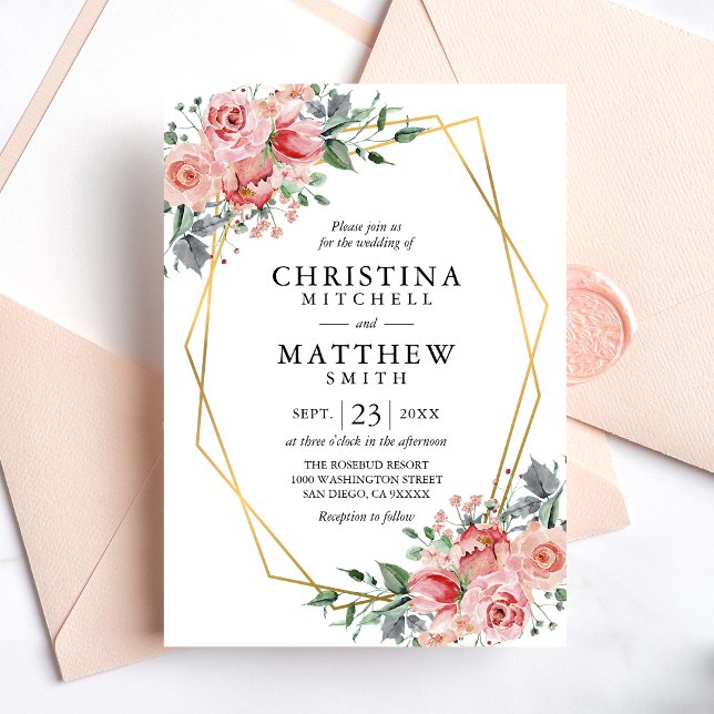 Watercolor Floral Blush Pink Greenery Gold Wedding Invitation (Creator Uploaded)