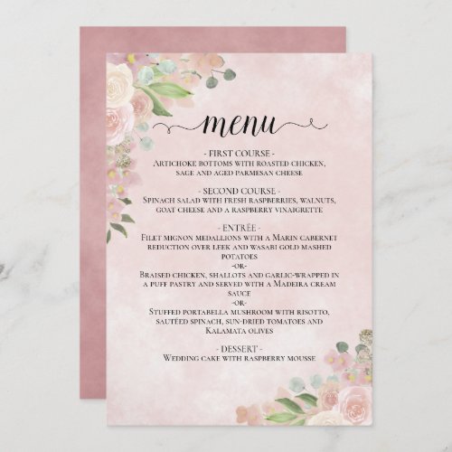 Watercolor Floral Blush Pink  Mauve Wedding Menu