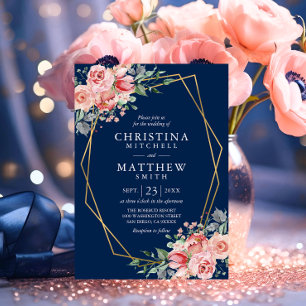 Watercolor Floral Blush Pink Navy Blue Wedding Invitation