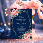 Watercolor Floral Blush Pink Navy Blue Wedding Invitation<br><div class="desc">Delicate and elegant watercolor wedding invitation cards in a blush pink, dusty rose with greenery colors and navy blue background. Modern faux gold design frame. Easy editable, DIY invitation cards. Bride and Groom monograms in wreath. Back of card in blush pink with couples names. All colors and text can be...</div>