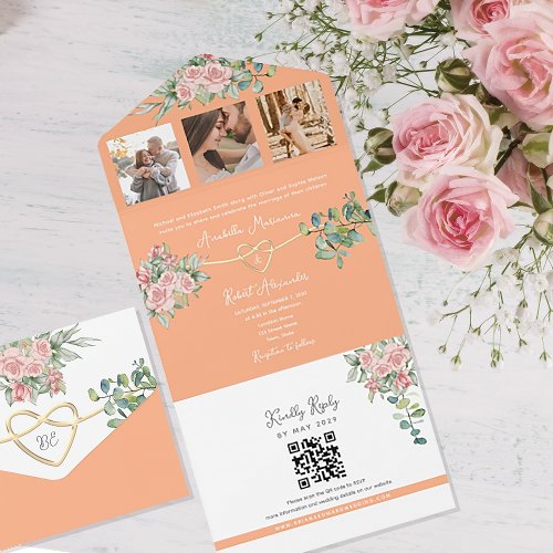 Watercolor Floral Blush Pink Peach Wedding All In One Invitation