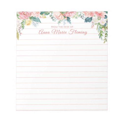 Watercolor Floral Blush Pink Rose Script Lined Notepad