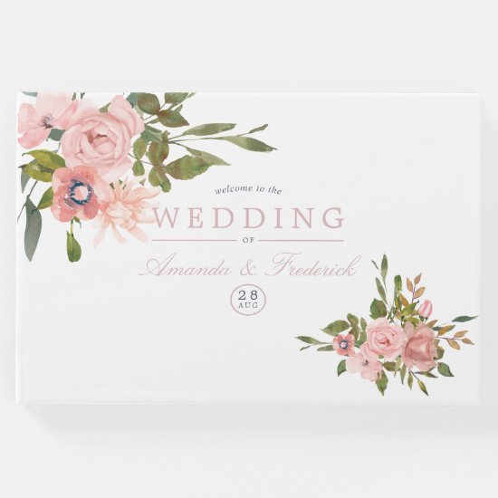 Watercolor floral Blush Pink Roses Wedding Guest Book