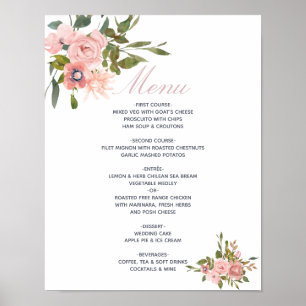 Watercolor floral Blush Pink Roses Wedding Menu Poster
