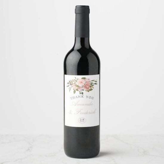Watercolor floral Blush Pink Roses Wedding Wine Label