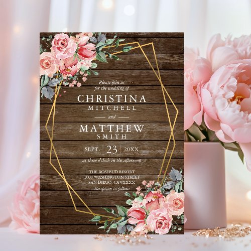 Watercolor Floral Blush Pink Rustic Gold Wedding Invitation
