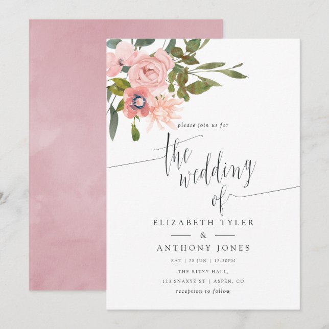 Watercolor floral Blush Pink Wedding Invite (Front/Back)