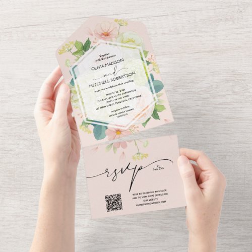 Watercolor Floral Blush Pink Wedding QR Code All In One Invitation