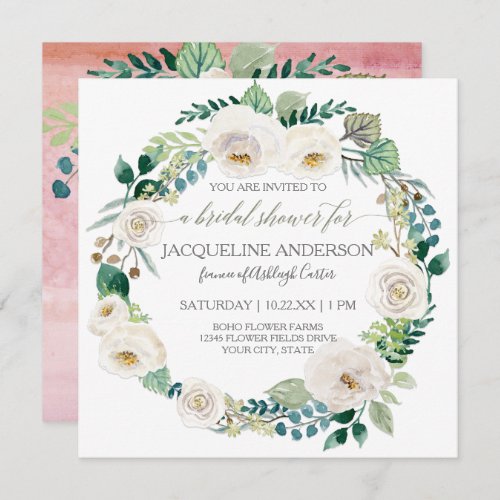 Watercolor Floral Blush White Roses Leaves Wreath Invitation