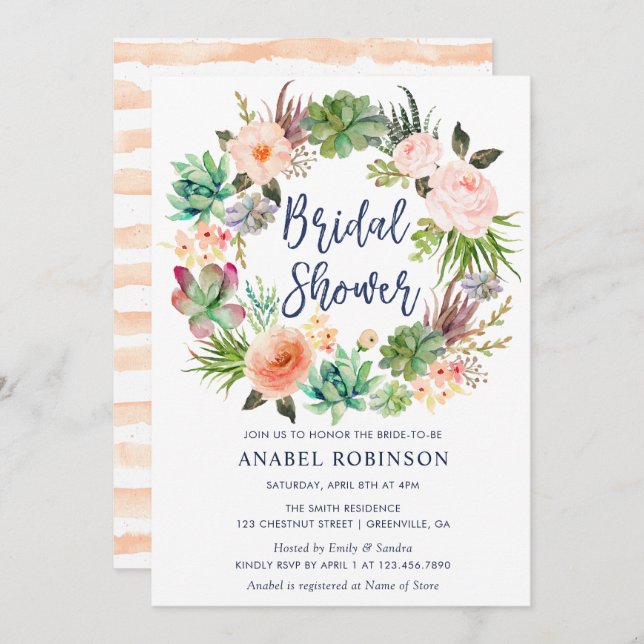 Watercolor Floral Bohemian Wreath Bridal Shower Invitation (Front/Back)