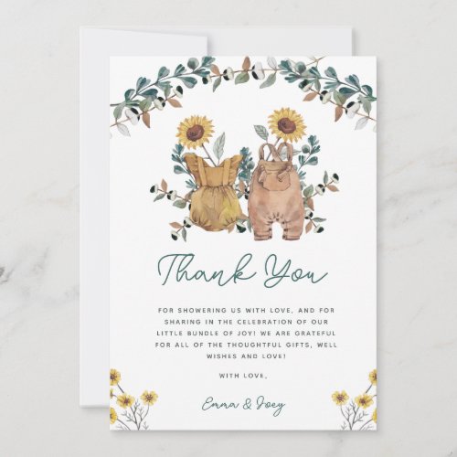 Watercolor Floral Boho Boy Girl Twins Baby Shower Thank You Card