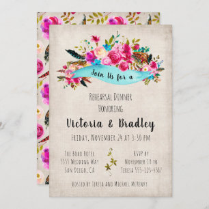 Watercolor Floral Boho Chic Rehearsal Dinner Invitation