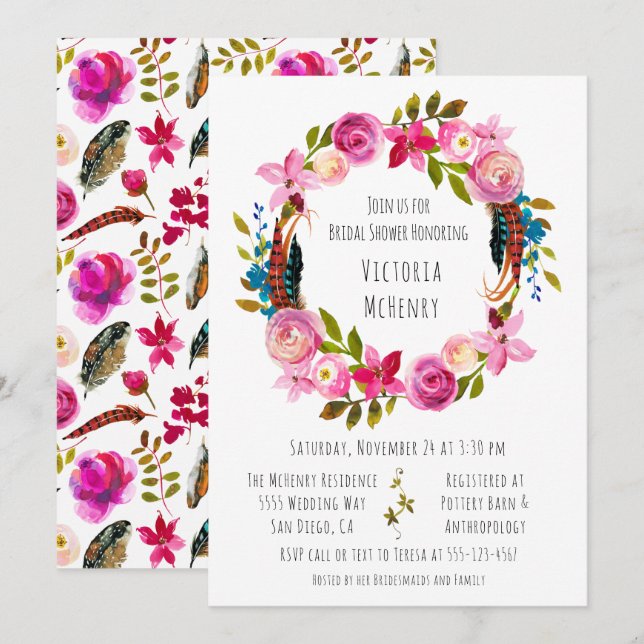 Watercolor Floral Boho Chic Wreath Bridal Shower Invitation (Front/Back)
