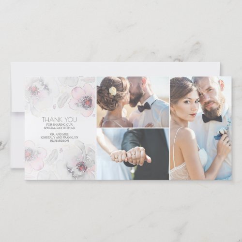 Watercolor Floral Boho Feathers Grey Soft Wedding Thank You Card - Boho floral feathers watercolor wedding photo cards with 3 photos from your special day