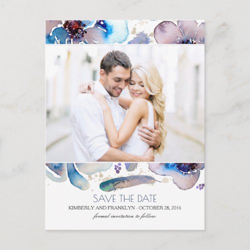 Watercolor Floral Boho Photo Save the Date Announcement Postcard - Blue watercolor flowers and feathers bohemian and elegant photo save the date postcards