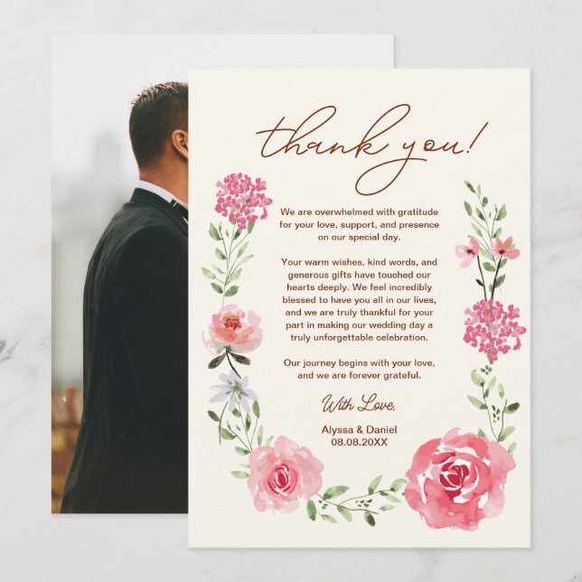 Watercolor Floral Boho Photo Wedding  Thank You Card (Front/Back)