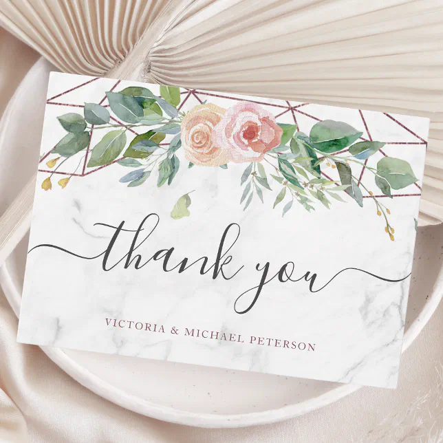 Watercolor Floral Boho Rose Gold Geometric Wedding Thank You Card | Zazzle