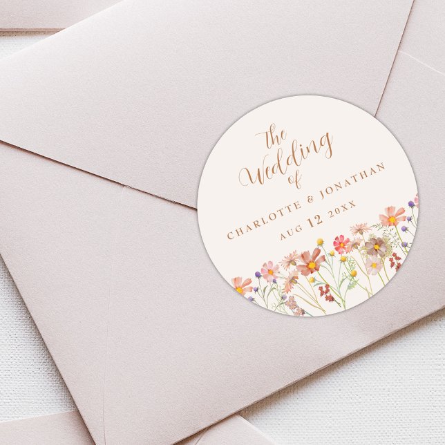 Watercolor Floral Boho Rustic Wedding Classic Round Sticker (Boho fall Wildflower custom Wedding stickers autumn watercolor florals elegant script )